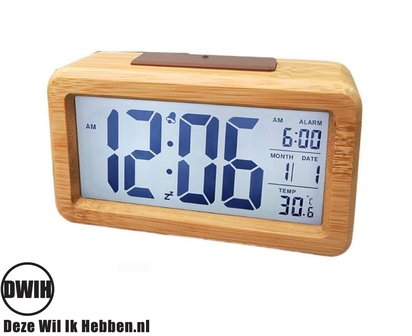 Luxe Bamboe Wekker / Bureau klok / incl. Datum / Alarm / Temperatuur aanduiding met snooze functie
