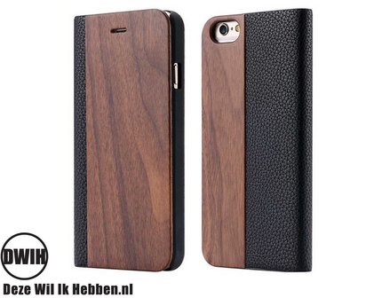 iPhone 12, 12Pro  Flip case &ndash; Walnoot en zwart Leer