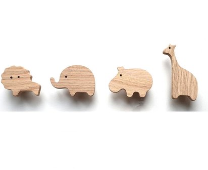 4 stuks - kapstok haken - dieren - kinderkamer - olifant, leeuw, nijlpaard, giraffe - eiken