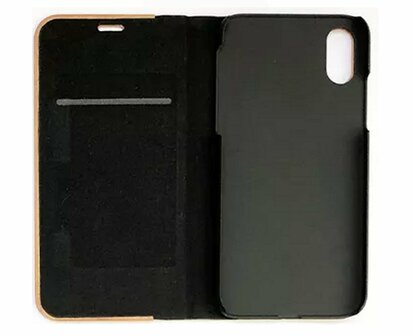 iPhone 13Pro Flip case &ndash; Walnoot en zwart Leer
