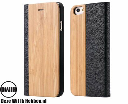 iPhone 14 Flip case &ndash; Bamboe en zwart Leer