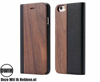 iPhone 15  Flip case &ndash; Walnoot en zwart Leer
