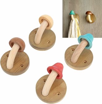 Nordic Design - 4 stuks - houten kapstok haken - paddenstoel- kinderkamer