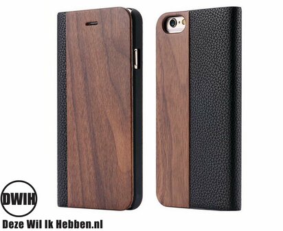 iPhone 17  Flip case &ndash; Walnoot en zwart Leer