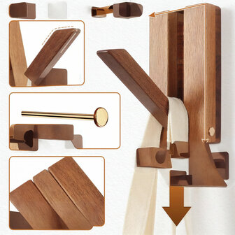 2 stuks Wandkapstok &ndash; Massief Acaciahout &ndash; Inklapbare Haak &ndash; Magnetisch &ndash; Onzichtbare Montage