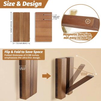 2 stuks Wandkapstok &ndash; Massief Acaciahout &ndash; Inklapbare Haak &ndash; Magnetisch &ndash; Onzichtbare Montage