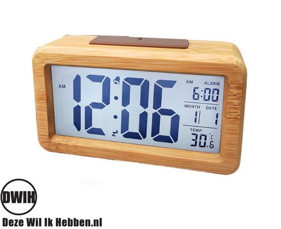 Luxe Bamboe Wekker / Bureau klok / incl. Datum / Alarm / Temperatuur aanduiding met snooze functie