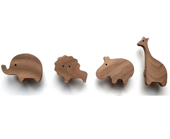 4 stuks - kapstok haken - dieren - kinderkamer - olifant, leeuw, nijlpaard, giraffe - walnoot