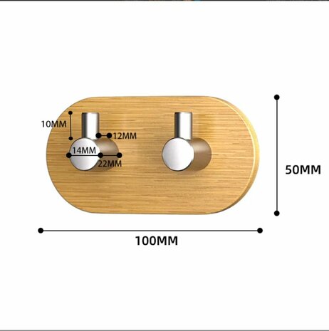 Zelfklevende dubbele Haak van Bamboe en zwart staal - Ophanghaken - Zelfklevend - Handdoekhaakjes - Badkamer - Bamboo - RVS