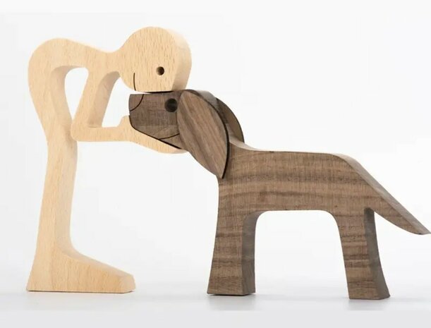 Houten beeldje - Man en Hond - Model 10