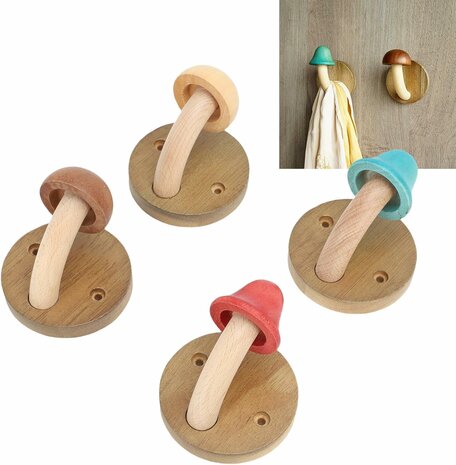 Nordic Design - 4 stuks - houten kapstok haken - paddenstoel- kinderkamer