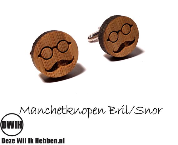 LaserWood manchetknopen Bril/Snor