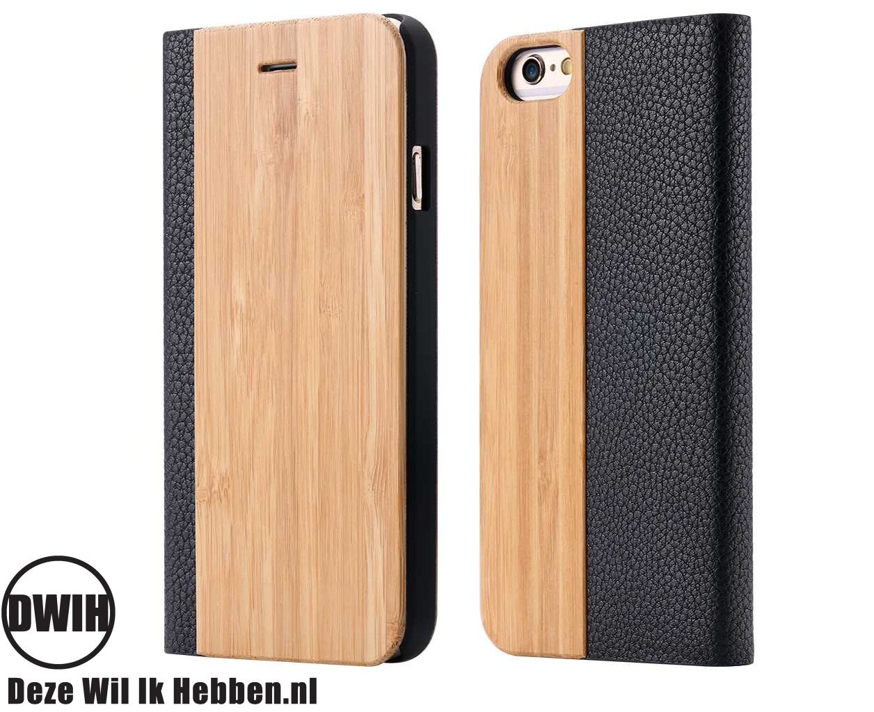 iPhone Flip case – Bamboe en zwart Leer - Deze Wil Ik Hebben .nl