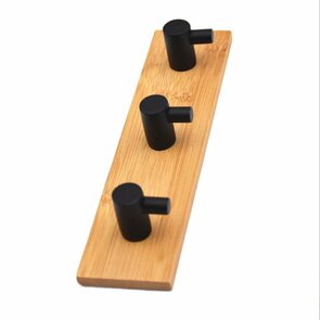 Zelfklevende trippel Haak van Bamboe en zwart staal - Ophanghaken - Zelfklevend - Handdoekhaakjes - Badkamer - Bamboo - Zwart Staal