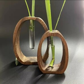 Setje Elegante Japandi Hydrocultuur Vaasjes van Walnoothout – Strak en Tijdloos Design - 9 en 15 cm