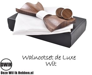 Walnoot strik deluxe met manchetknopen en Pochette, wit