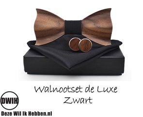 Walnoot strik deluxe met manchetknopen en Pochette, Zwart