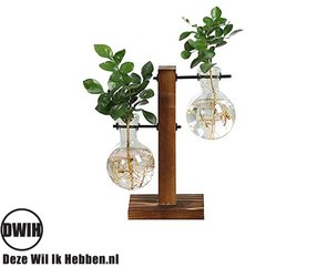 Houten/glazen vintage met dubbele vaas